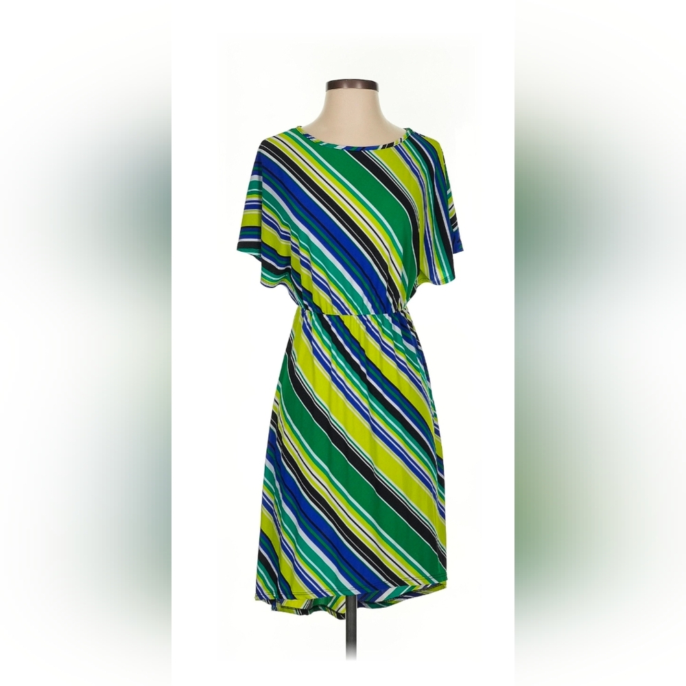 Maurices Colorful Striped Short Sleeve, Boat Neckline, Popover, High Low Dress.